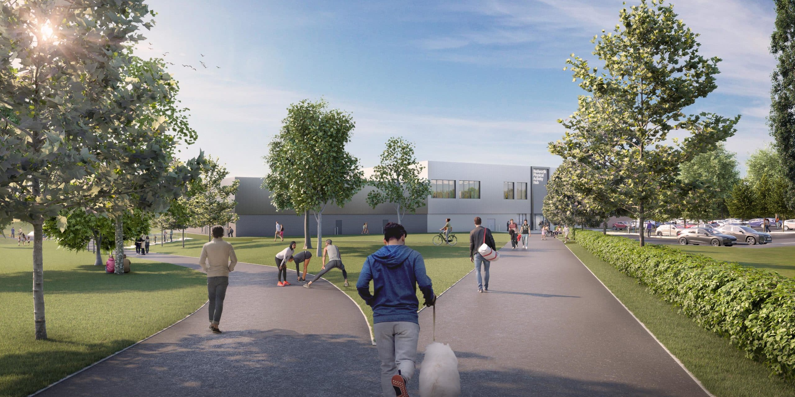 CGI of Bedworth Physical Activity Hub outdoor area